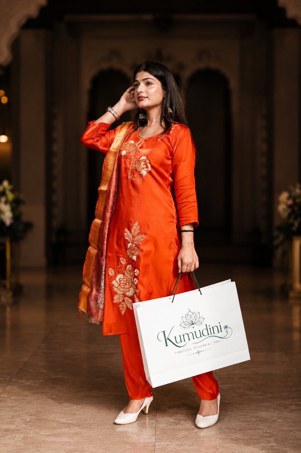 Glass Silk Orange/Red Suit | Kumudini