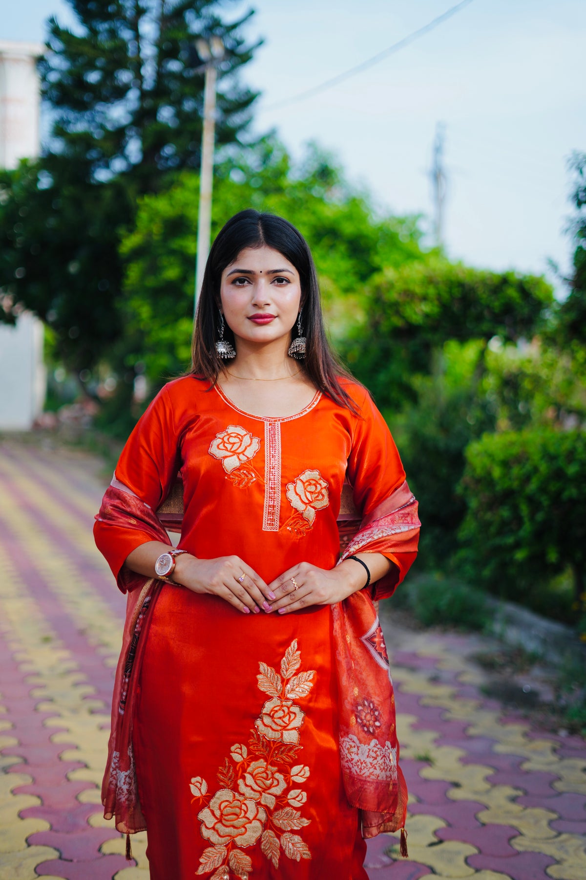 Glass Silk Orange/Red Suit | Kumudini