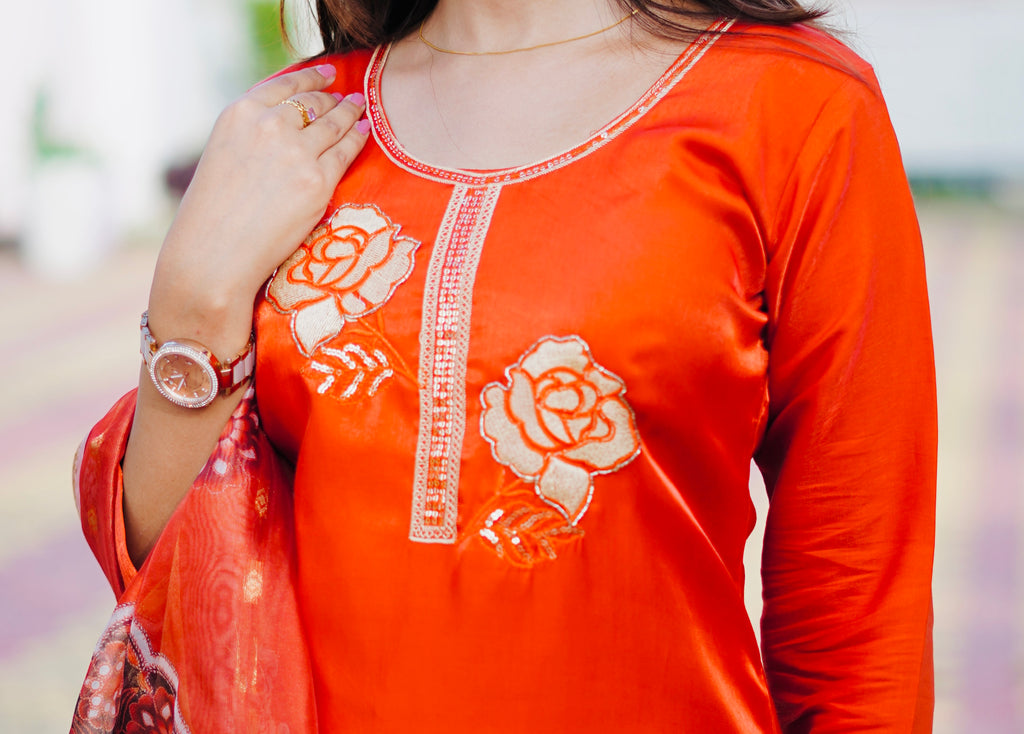 Glass Silk Orange/Red Suit | Kumudini