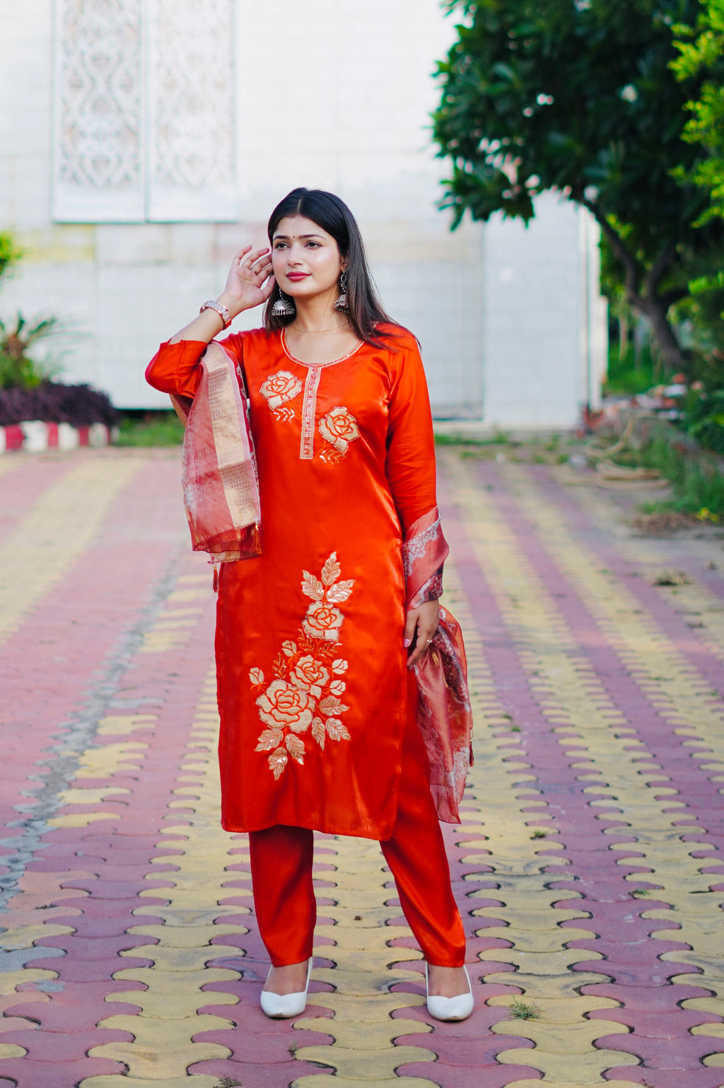 Glass Silk Orange/Red Suit | Kumudini