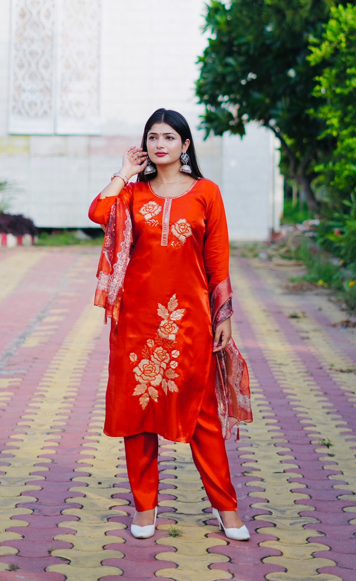 Glass Silk Orange/Red Suit | Kumudini