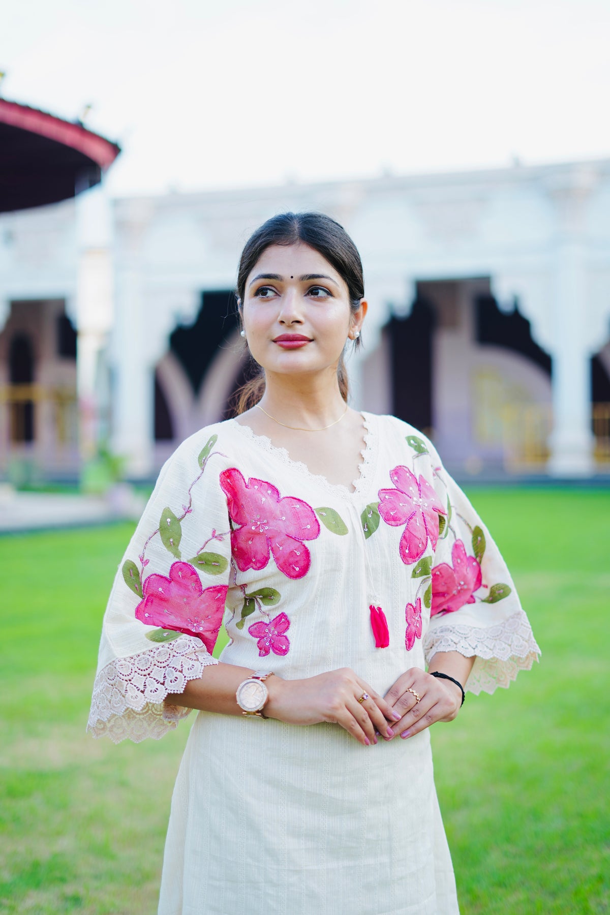 Off White Floral Embroidered Cotton Cordset