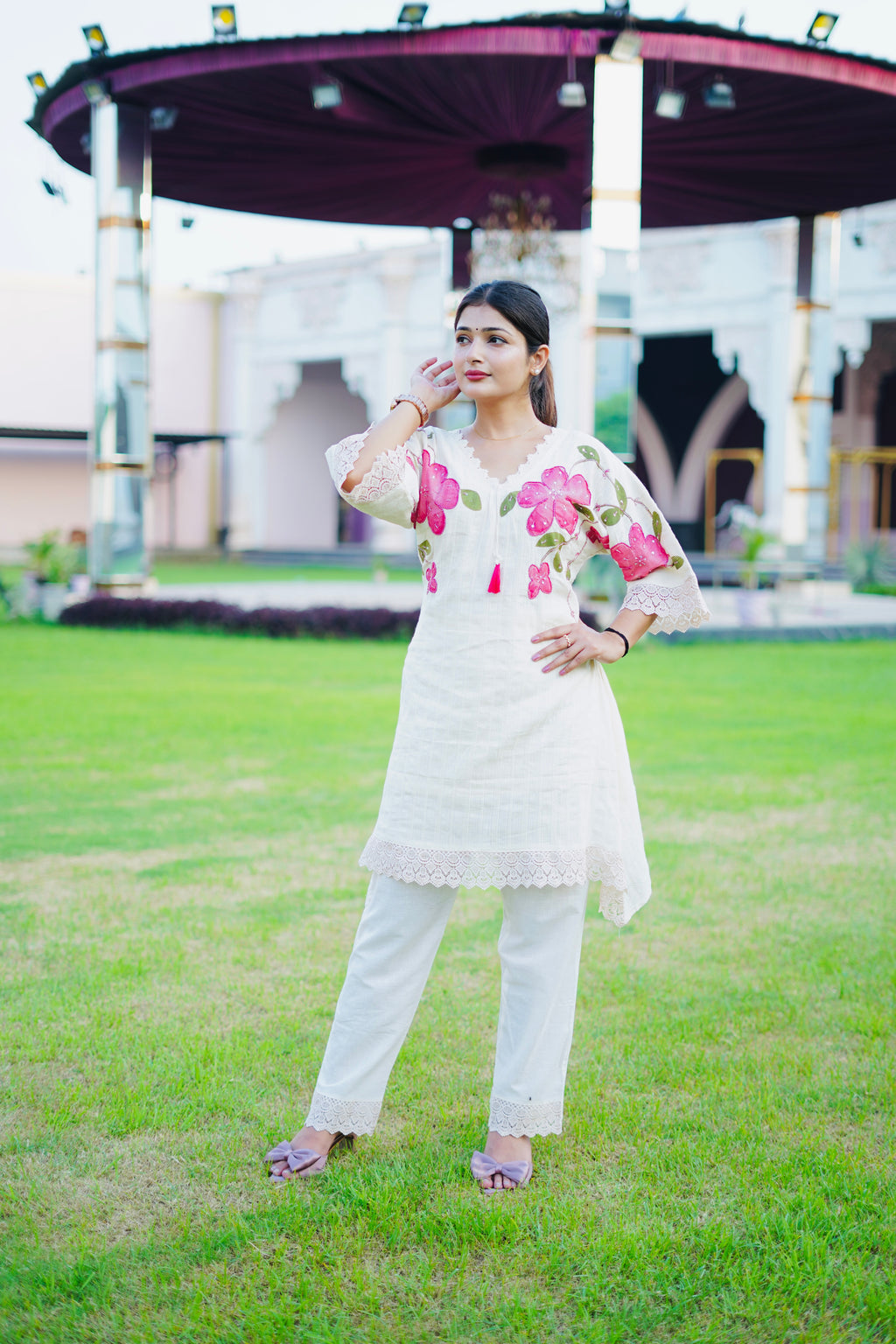 Off White Floral Embroidered Cotton Cordset