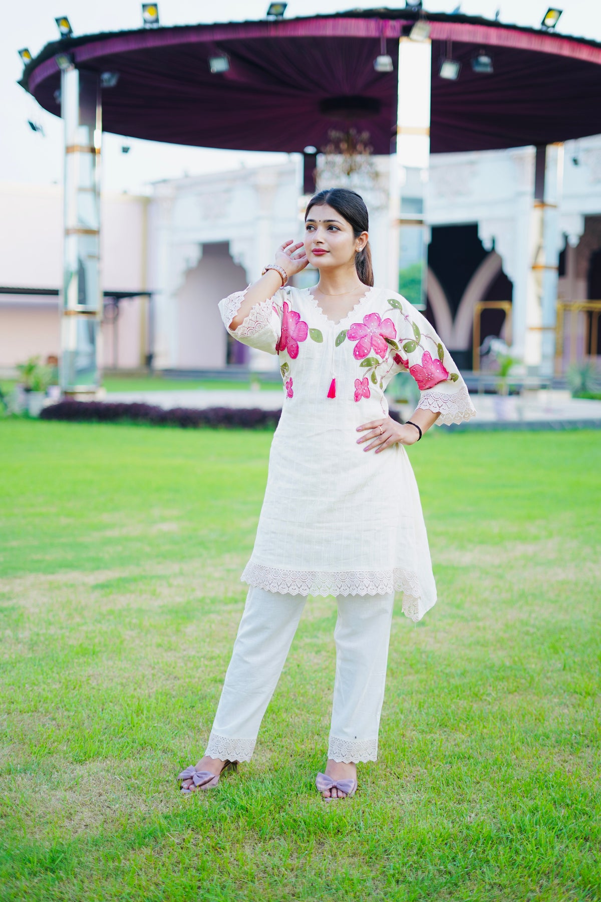 Off White Floral Embroidered Cotton Cordset