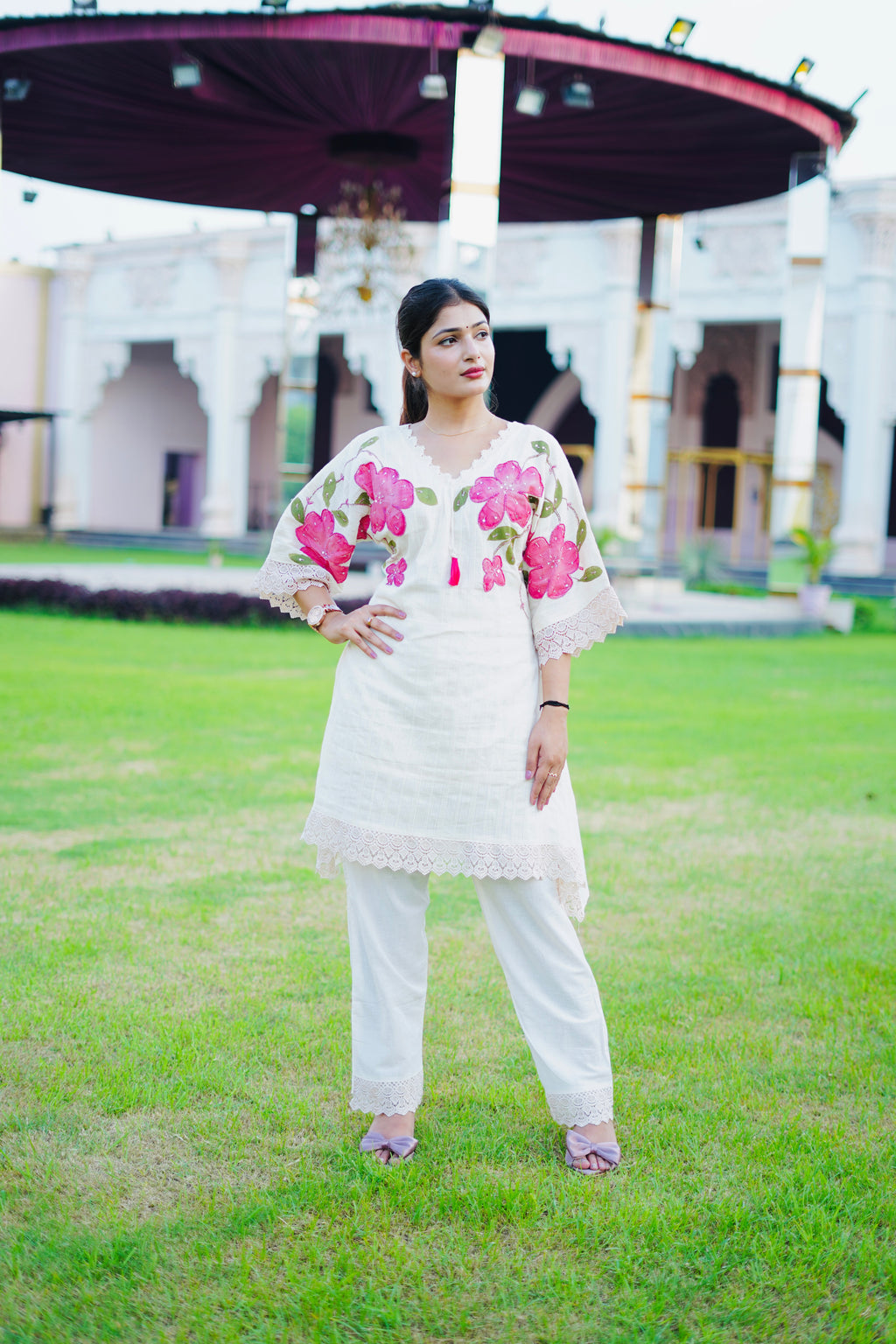 Off White Floral Embroidered Cotton Cordset