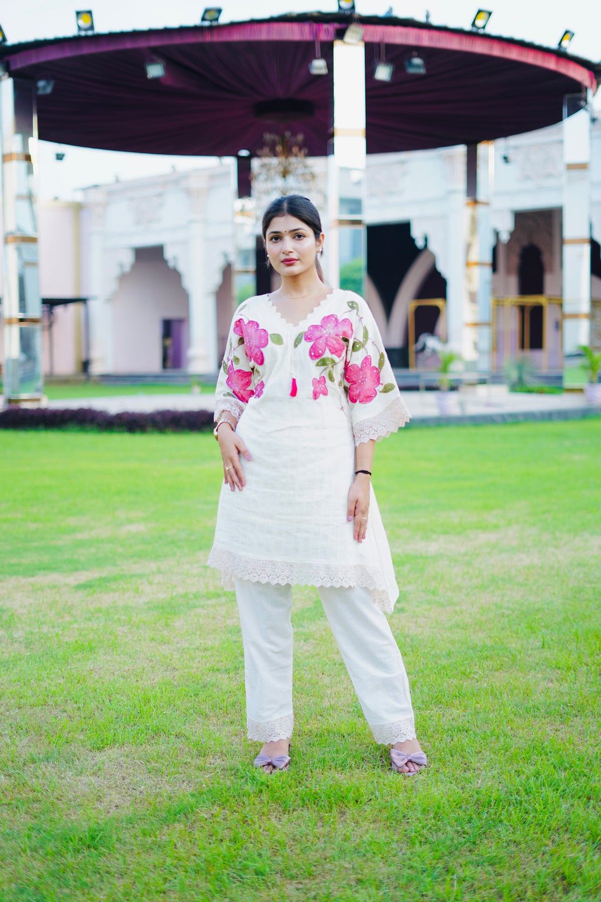 Off White Floral Embroidered Cotton Cordset