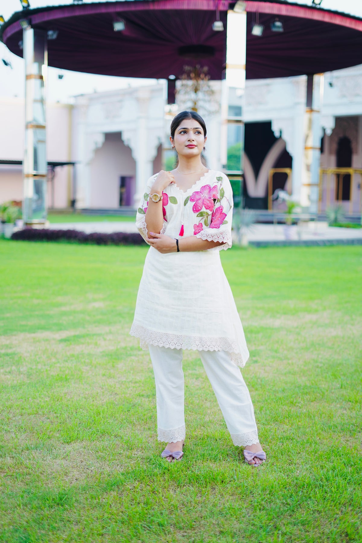 Off White Floral Embroidered Cotton Cordset