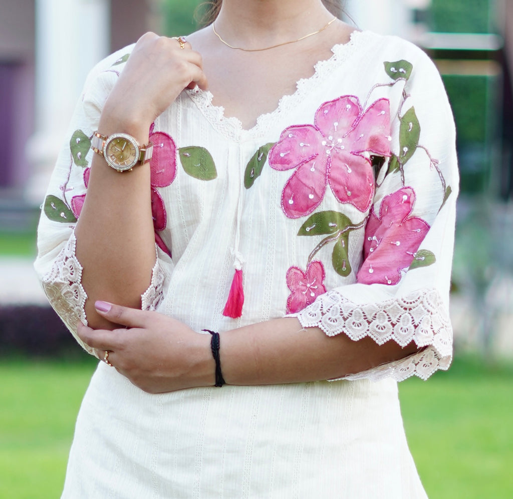 Off White Floral Embroidered Cotton Cordset