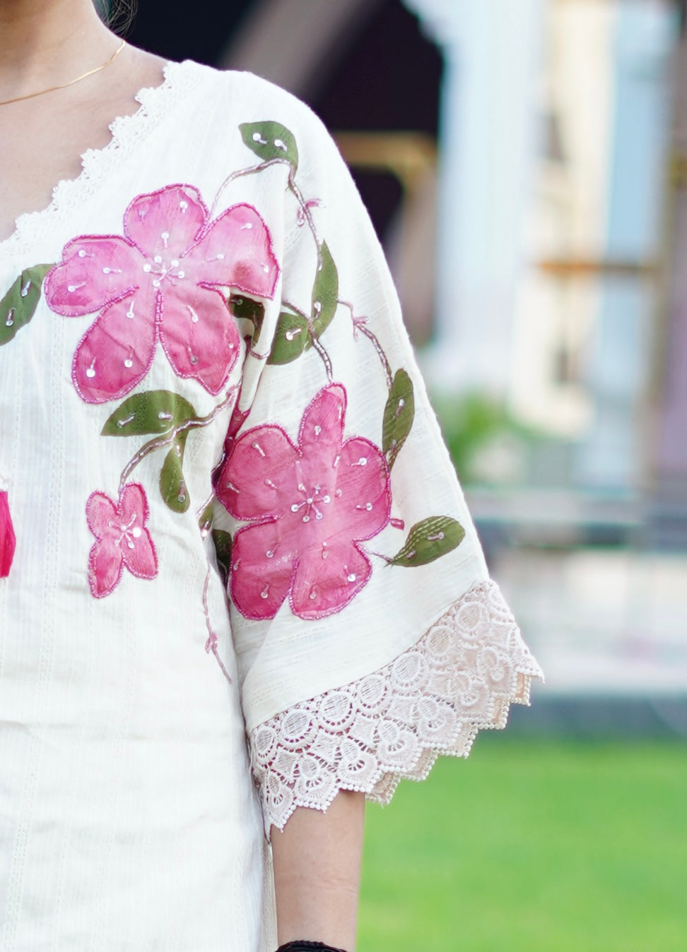 Off White Floral Embroidered Cotton Cordset