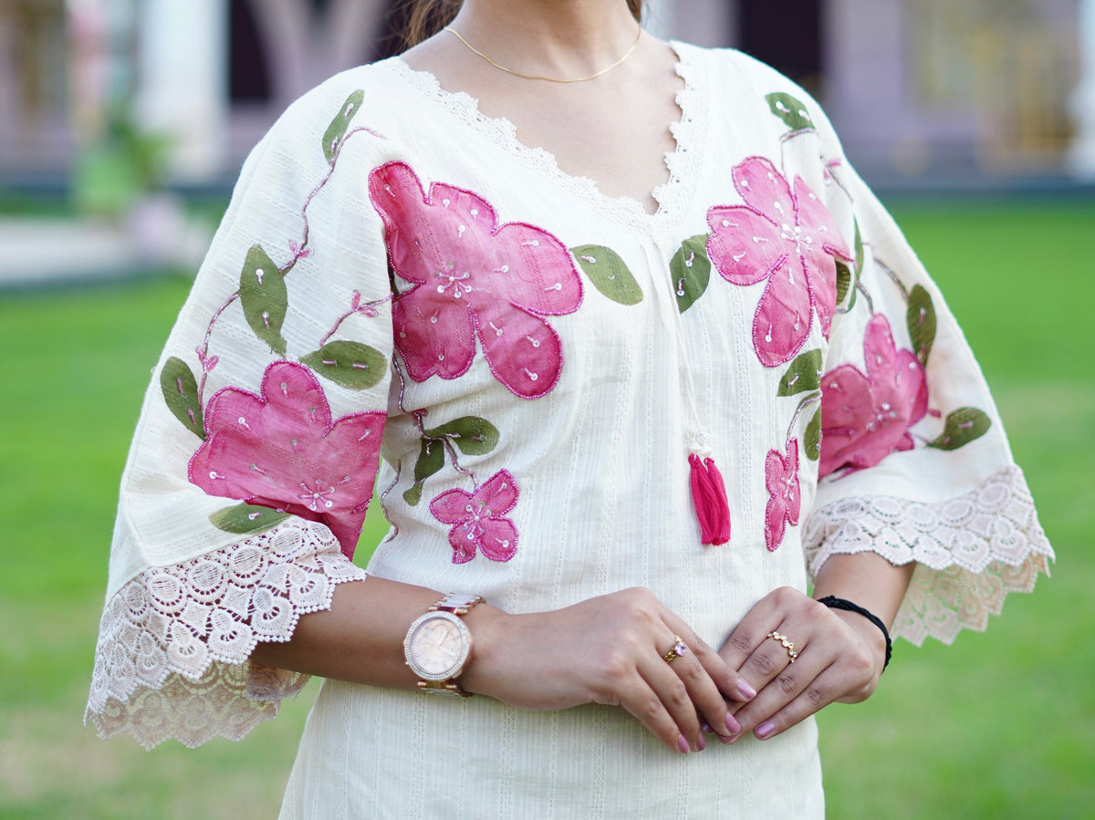 Off White Floral Embroidered Cotton Cordset
