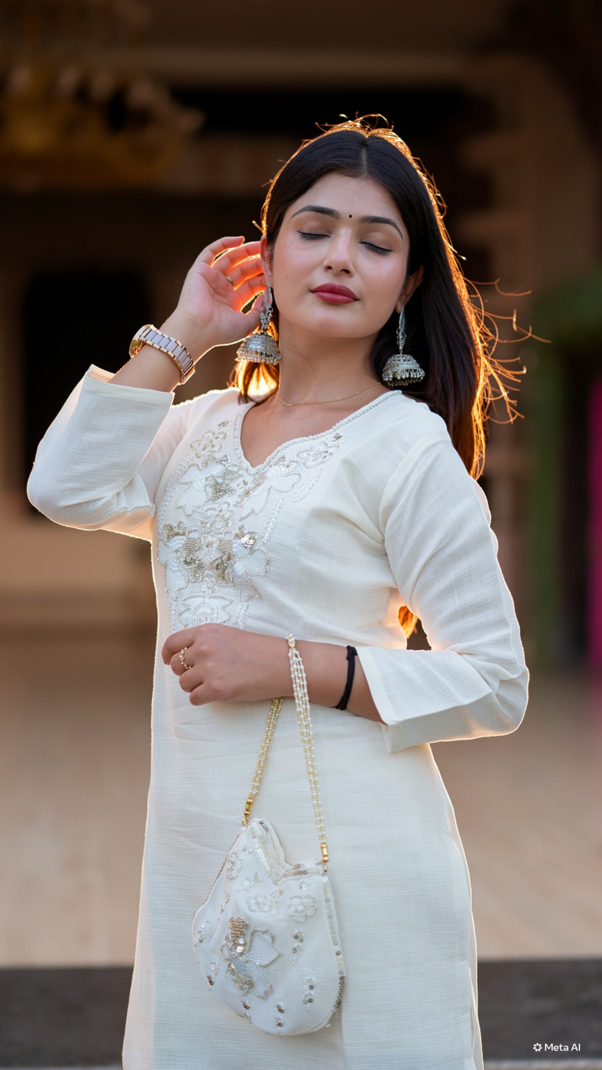 White Embroidered Chanderi Blend Co-ord Set with Potli | Kumudini