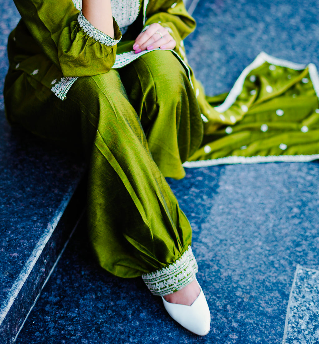 Olive Green Embroidered Punjabi Suit Set