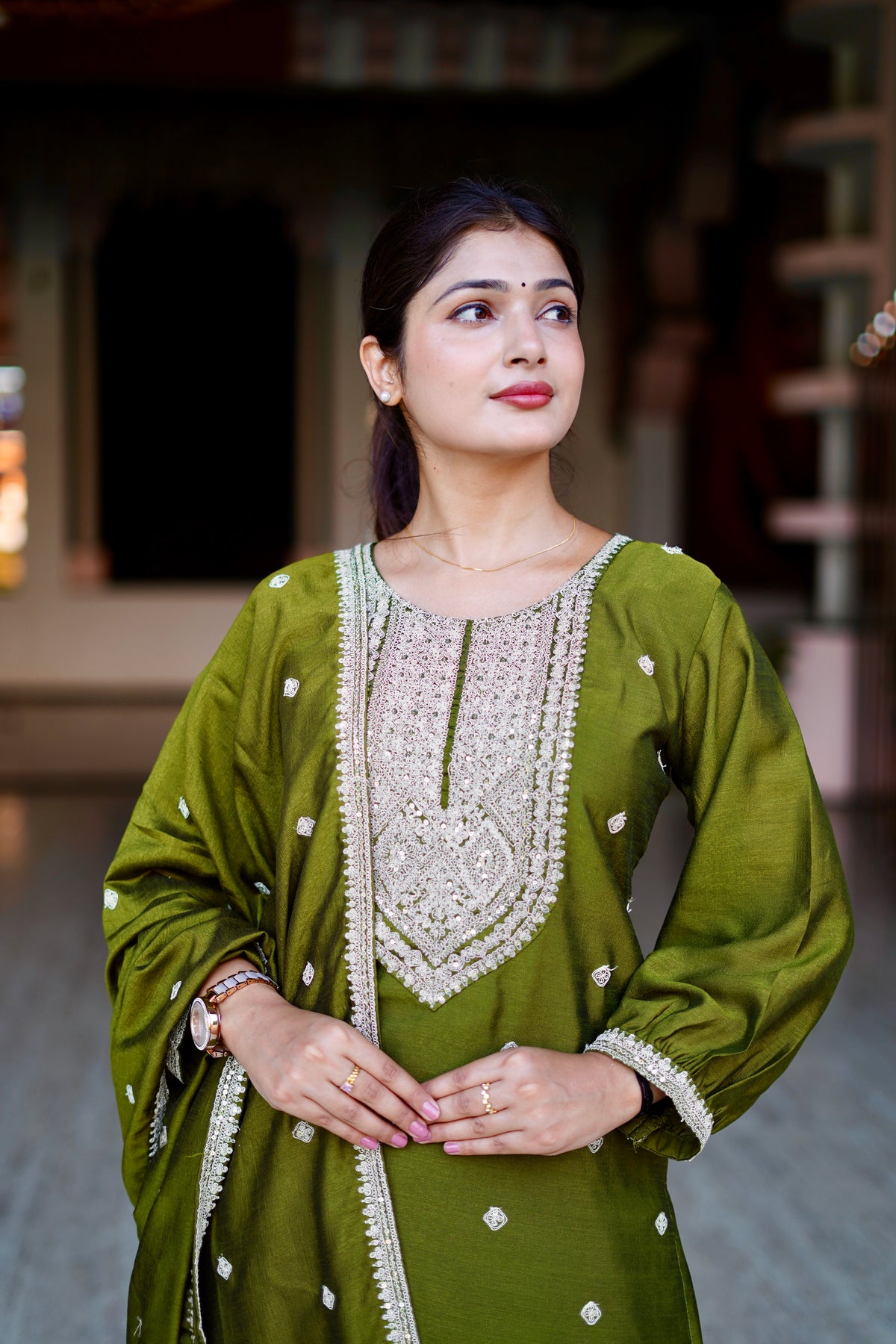 Olive Green Embroidered Punjabi Suit Set