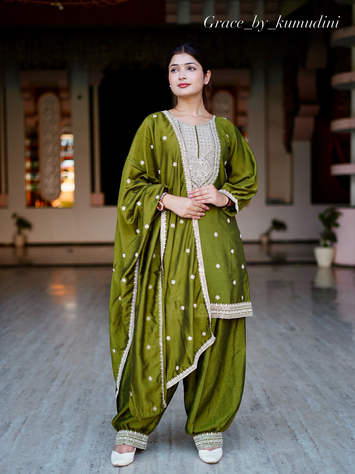 Olive Green Embroidered Punjabi Suit Set