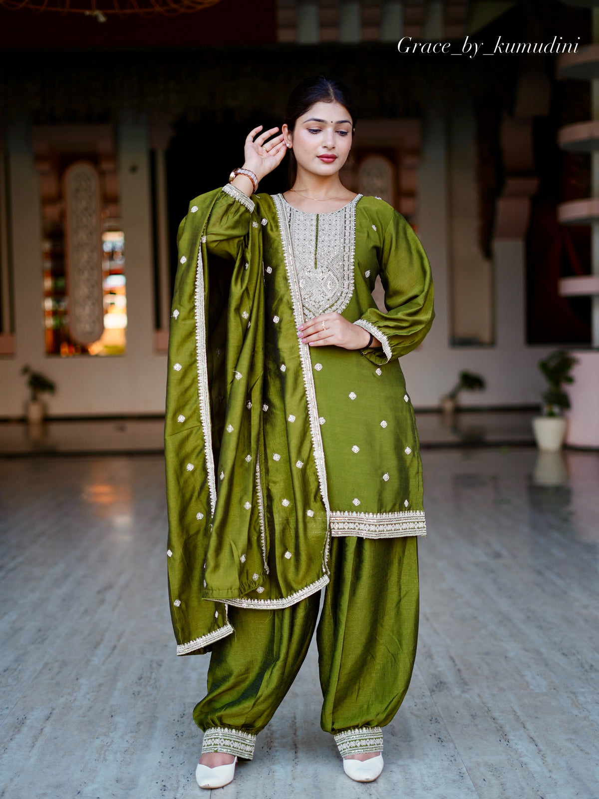 Olive Green Embroidered Punjabi Suit Set