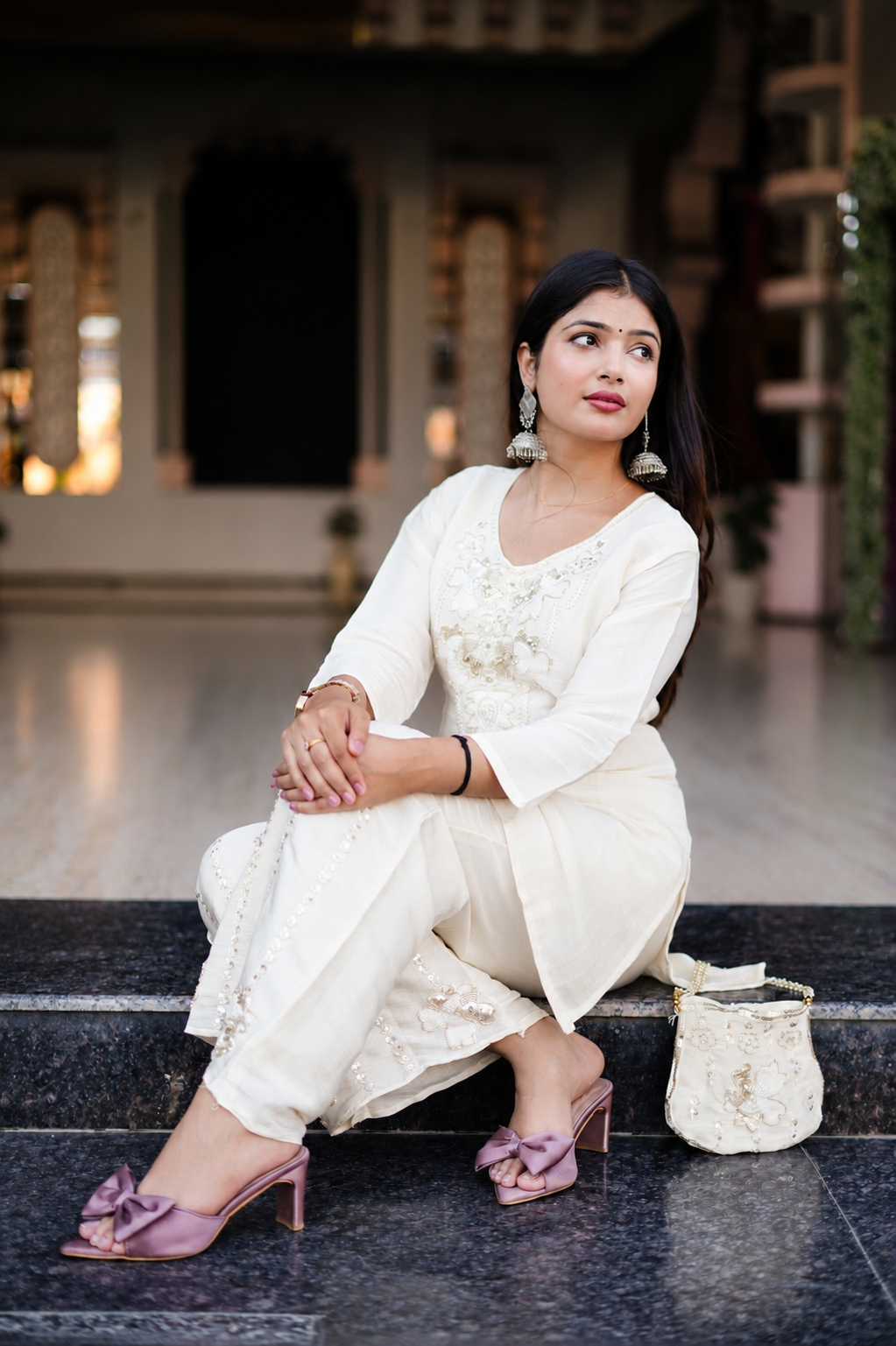 White Embroidered Chanderi Blend Co-ord Set with Potli | Kumudini
