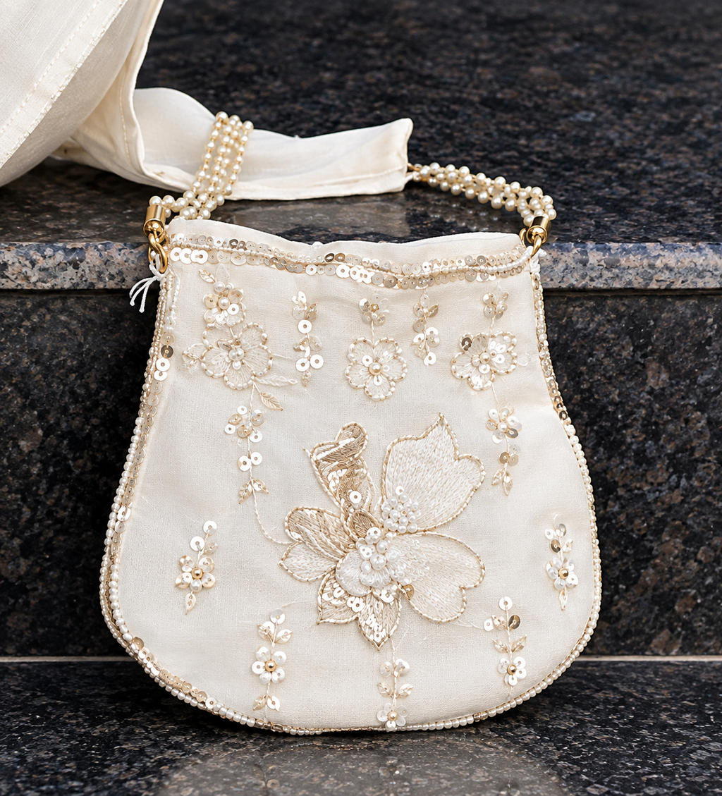 White Embroidered Chanderi Blend Co-ord Set with Potli | Kumudini