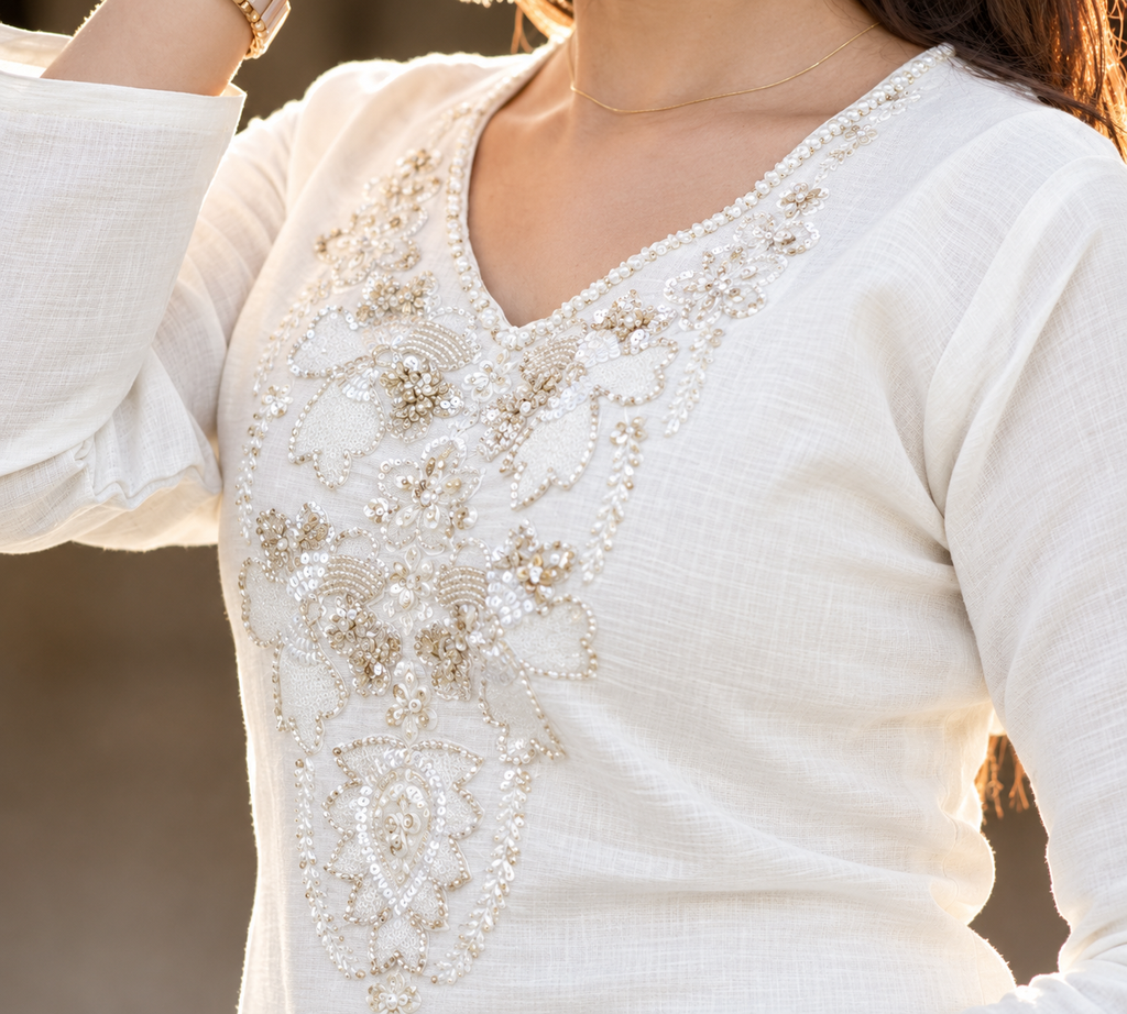 White Embroidered Chanderi Blend Co-ord Set with Potli | Kumudini