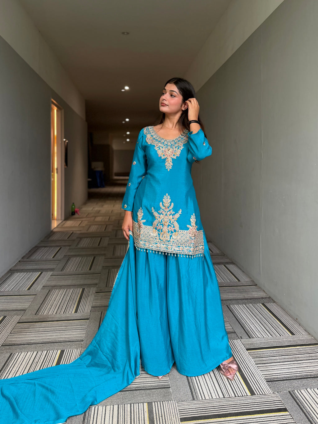 Turquoise Blue Embroidered Sharara Suit