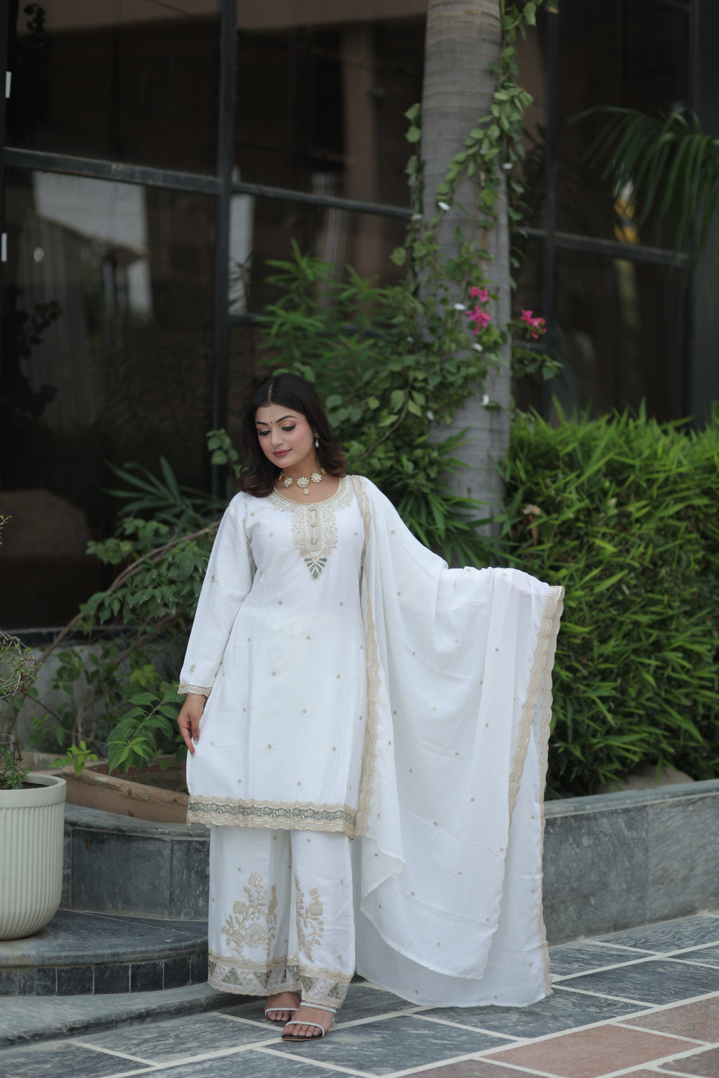 Ivory White Embroidery Suit by Kumudini