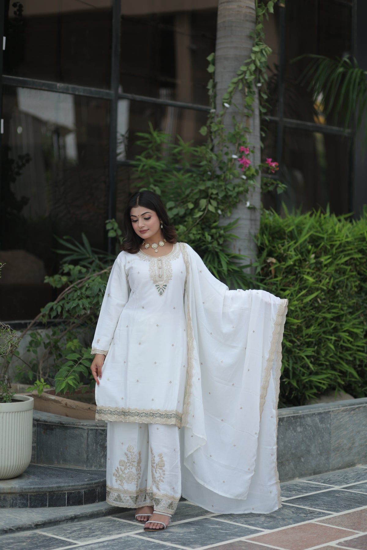Ivory White Embroidery Suit by Kumudini