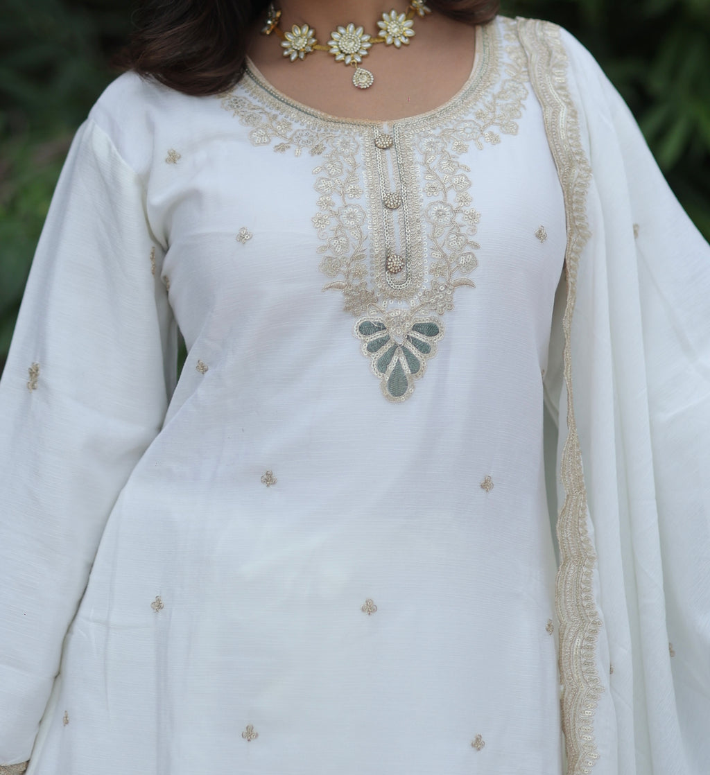 Ivory White Embroidery Suit by Kumudini