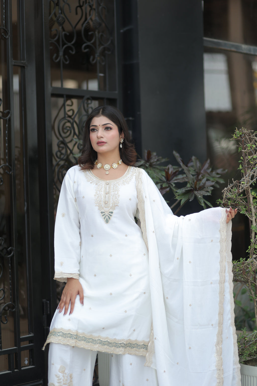 Ivory White Embroidery Suit by Kumudini