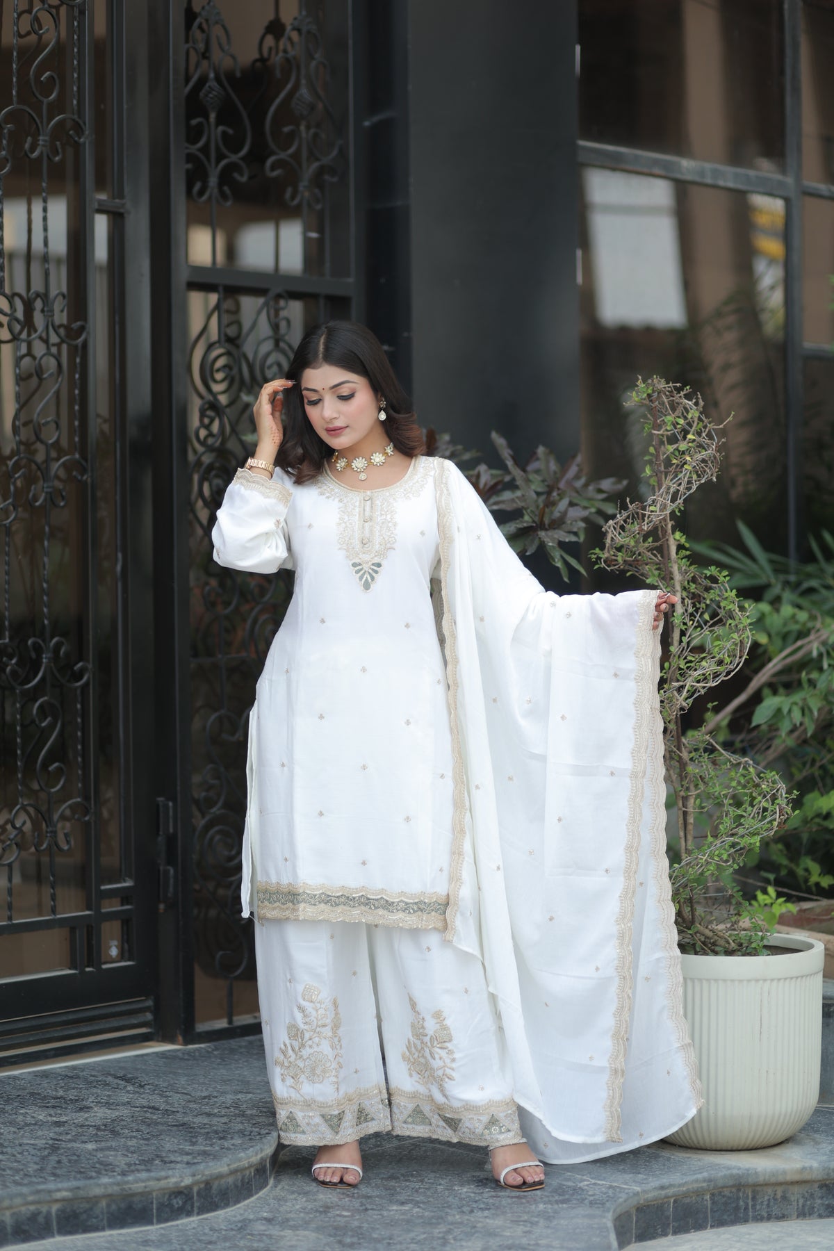 Ivory White Embroidery Suit by Kumudini