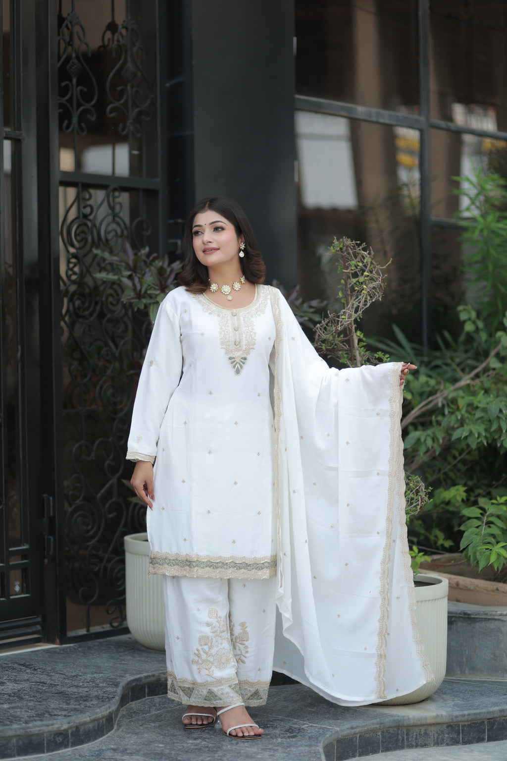 Ivory White Embroidery Suit by Kumudini