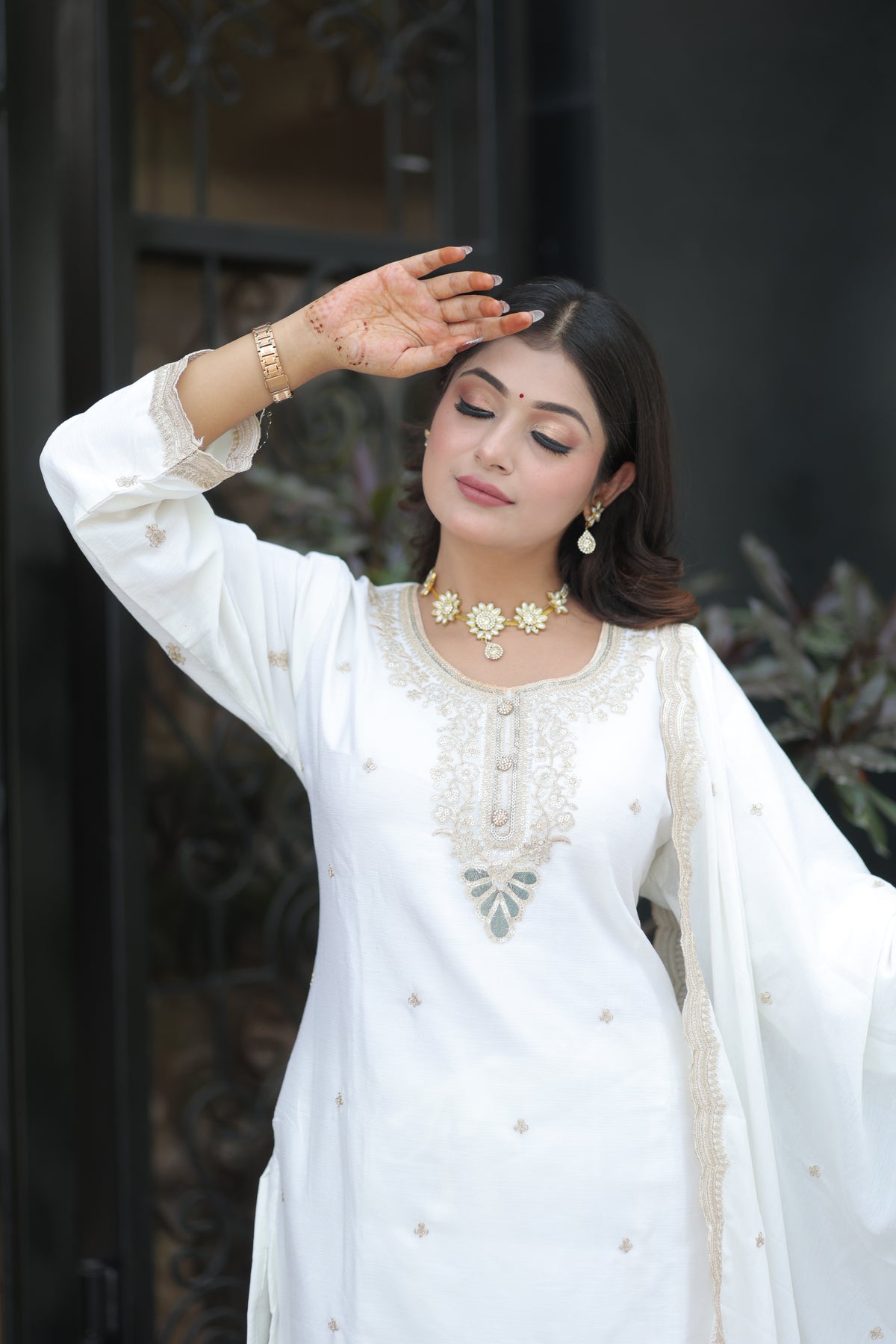 Ivory White Embroidery Suit by Kumudini
