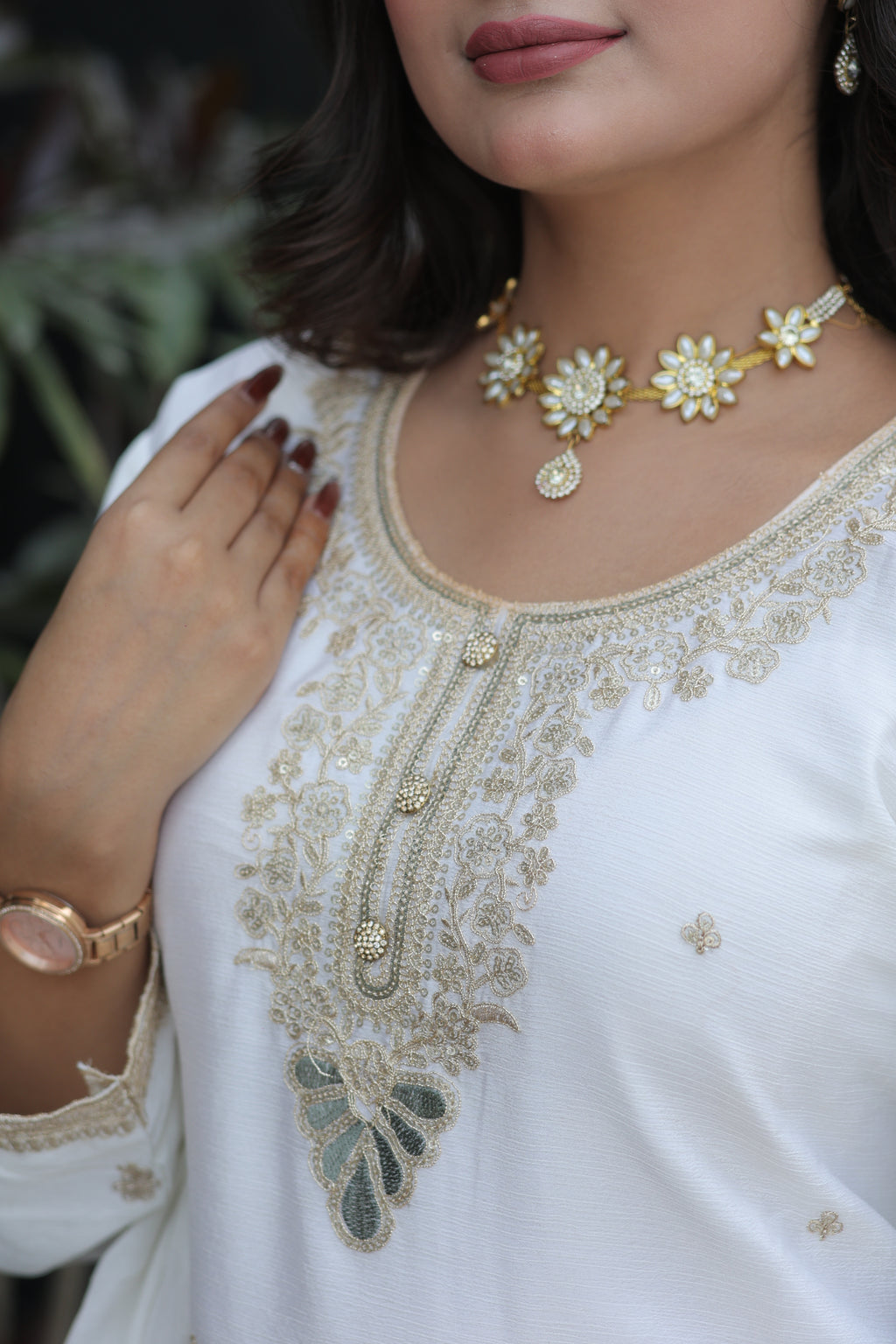 Ivory White Embroidery Suit by Kumudini