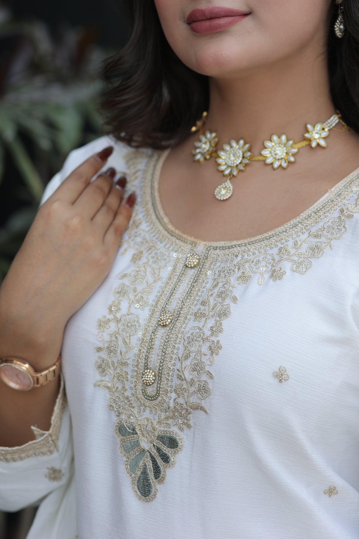 Ivory White Embroidery Suit by Kumudini
