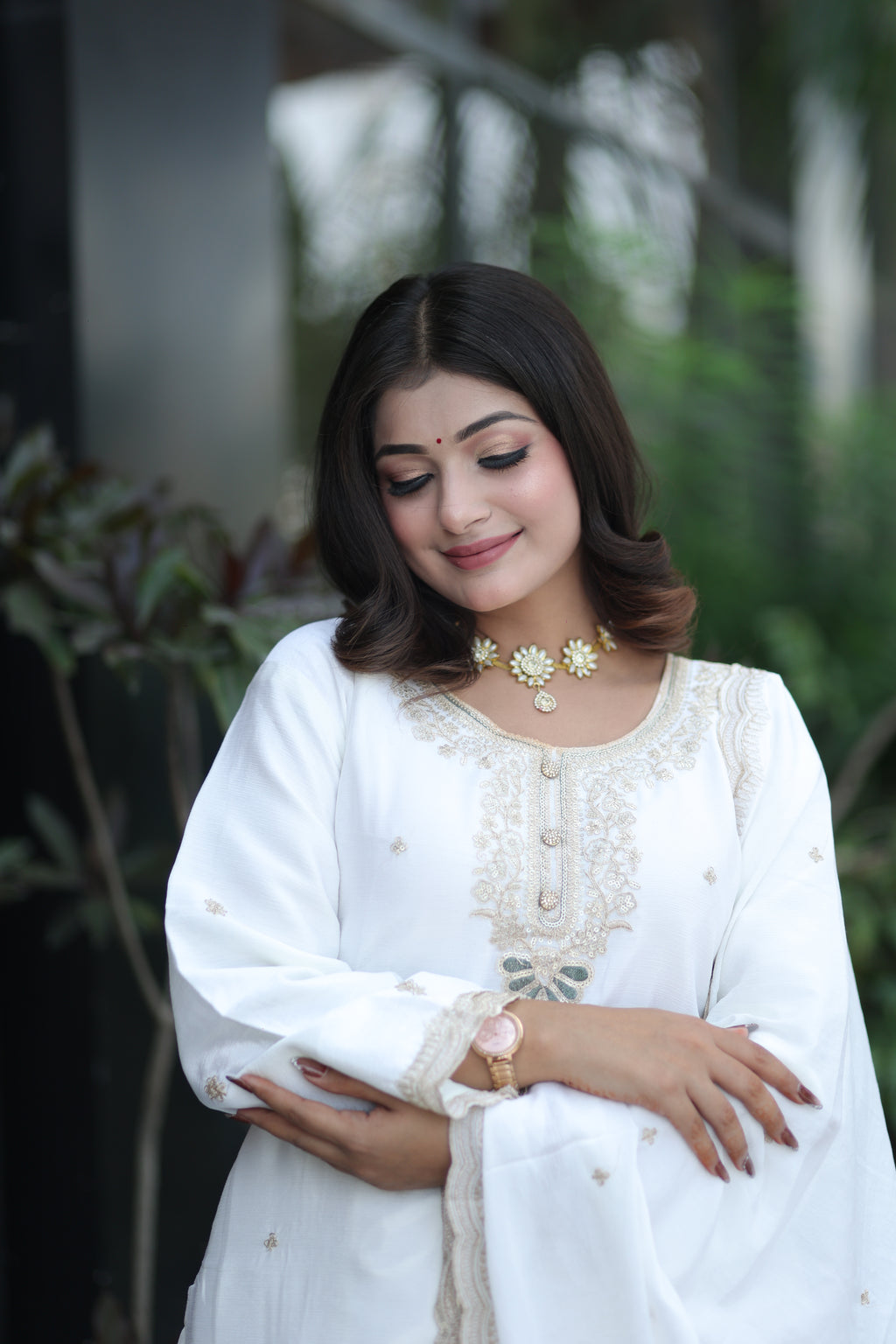 Ivory White Embroidery Suit by Kumudini