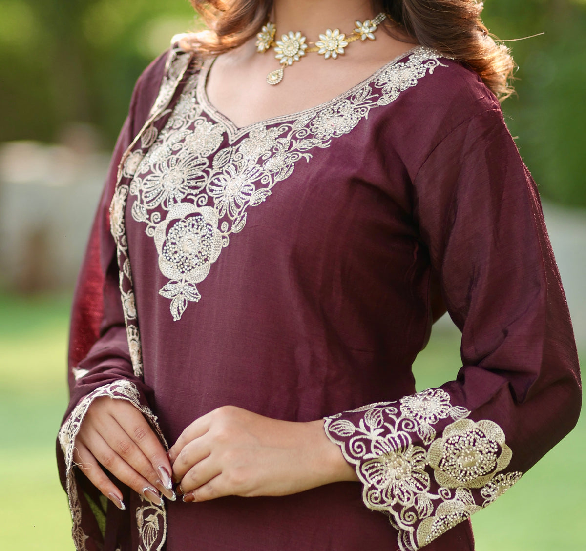 Brown\Blue Embroidered Versatile Suit Set with Palazzo & Dupatta