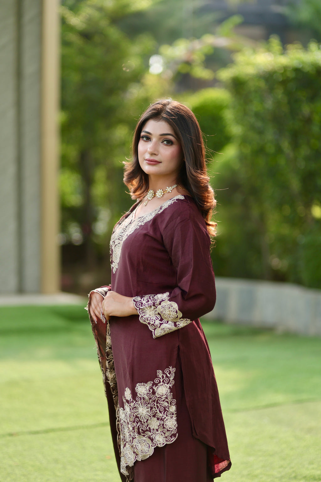 Brown\Blue Embroidered Versatile Suit Set with Palazzo & Dupatta