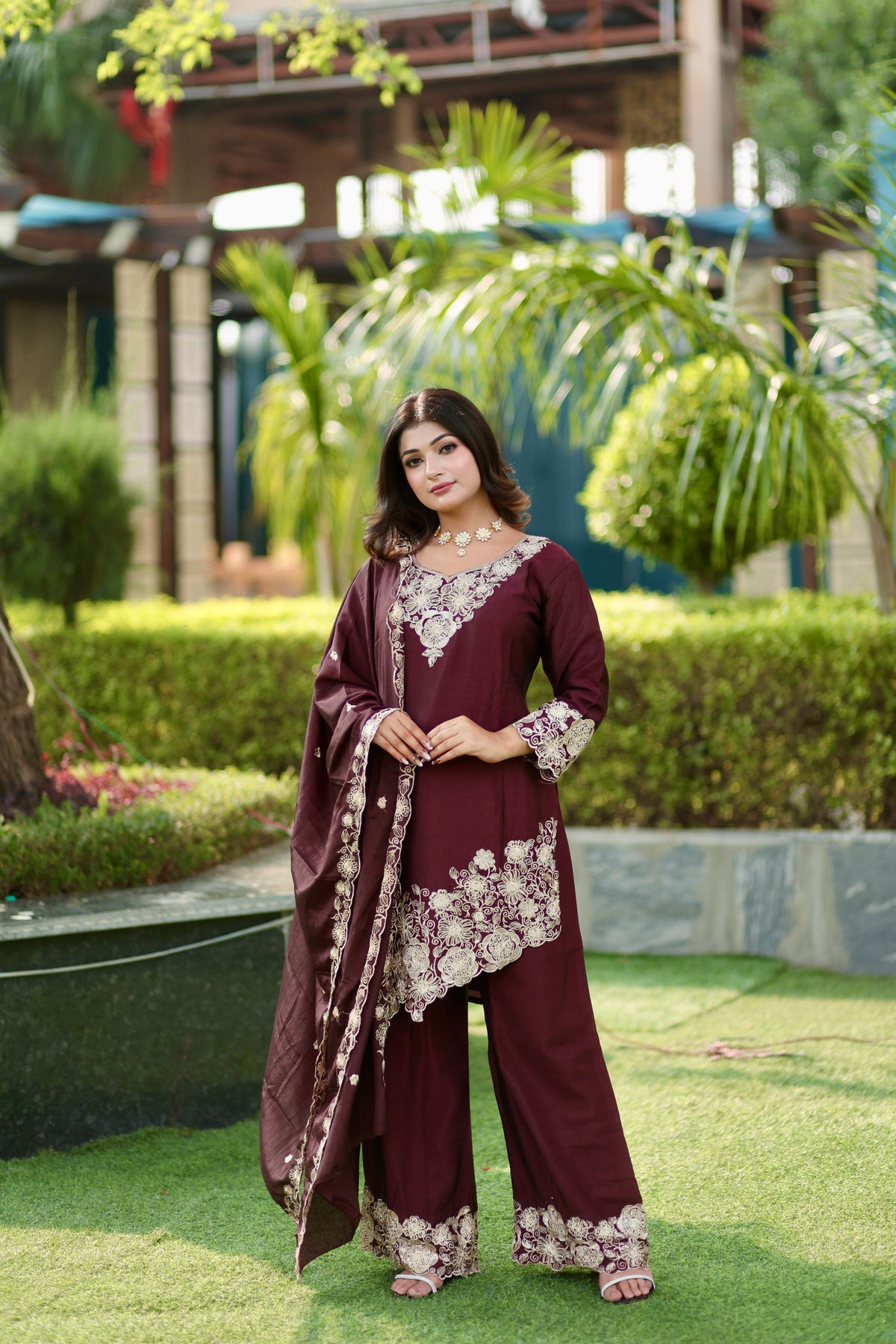 Brown\Blue Embroidered Versatile Suit Set with Palazzo & Dupatta