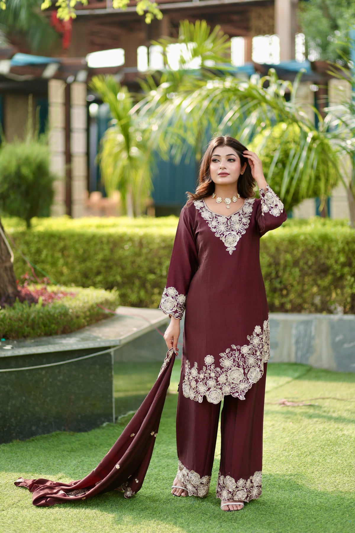Brown\Blue Embroidered Versatile Suit Set with Palazzo & Dupatta