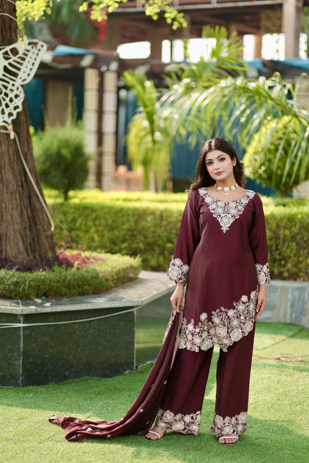 Brown\Blue Embroidered Versatile Suit Set with Palazzo & Dupatta