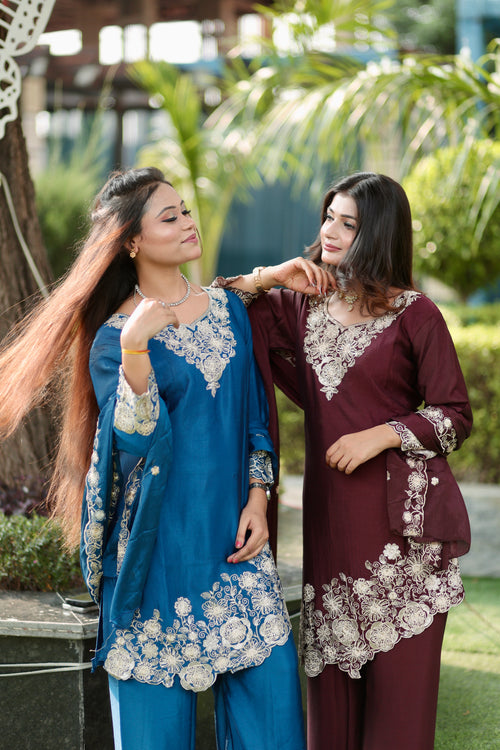 Brown\Blue Embroidered Versatile Suit Set with Palazzo & Dupatta