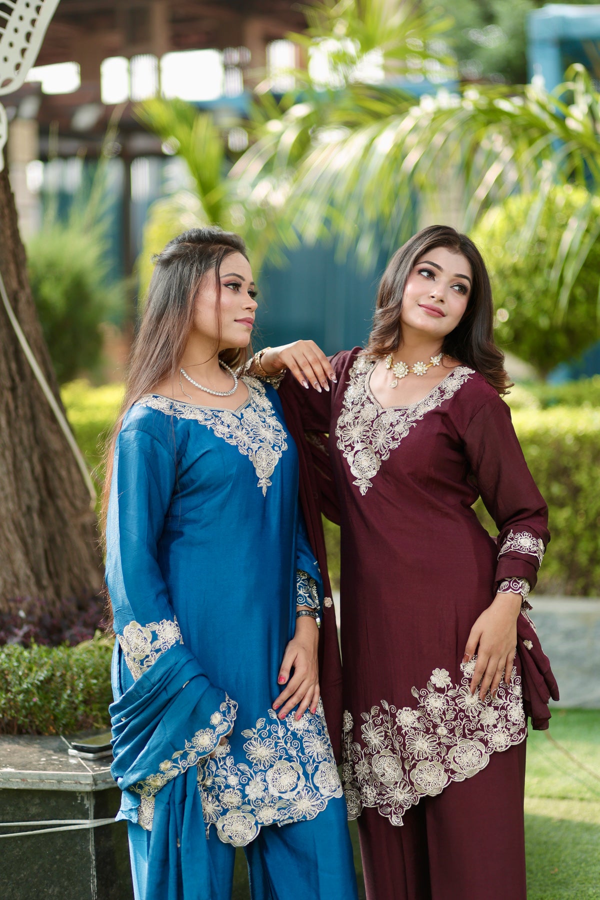 Brown\Blue Embroidered Versatile Suit Set with Palazzo & Dupatta