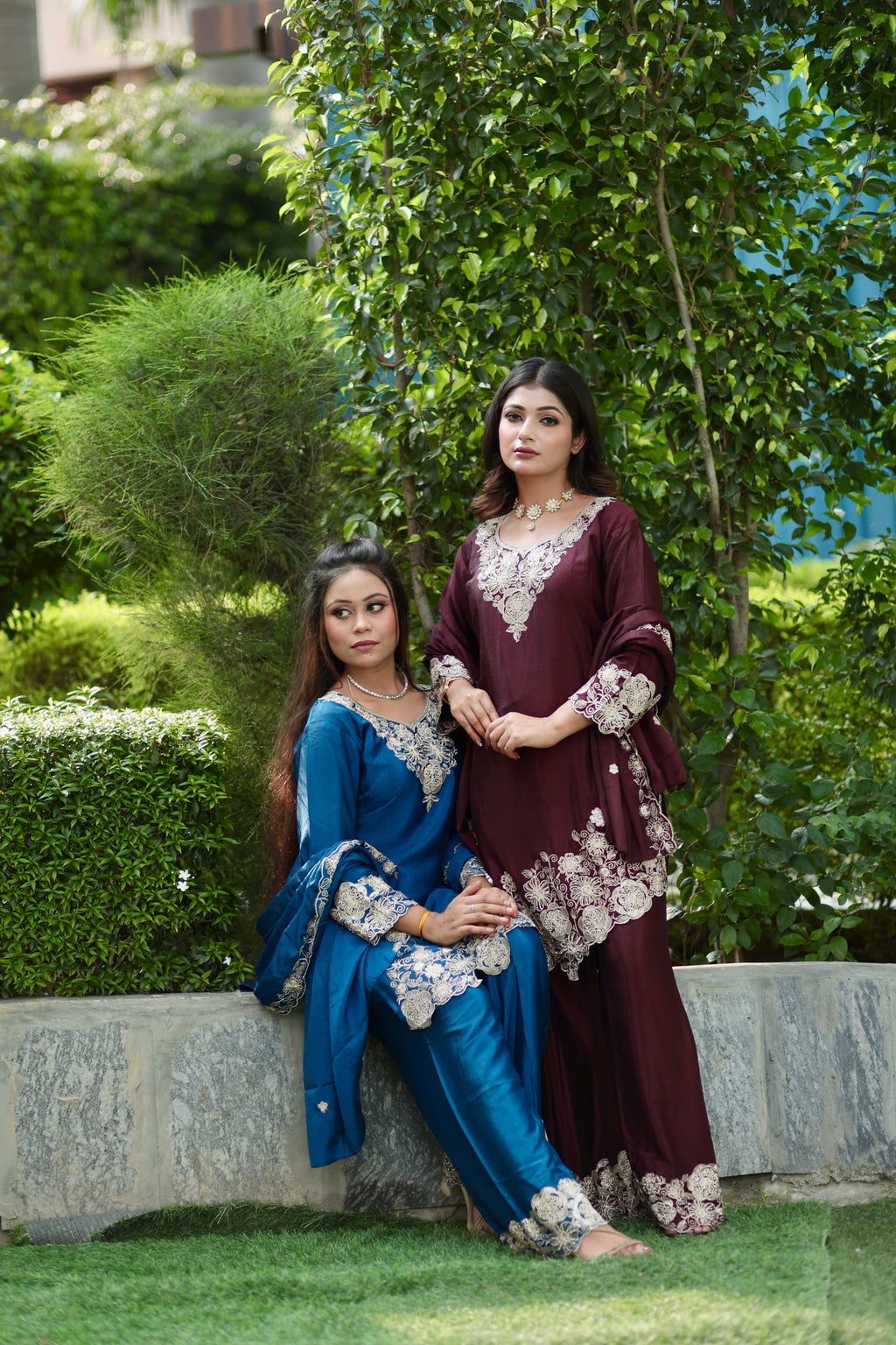 Brown\Blue Embroidered Versatile Suit Set with Palazzo & Dupatta