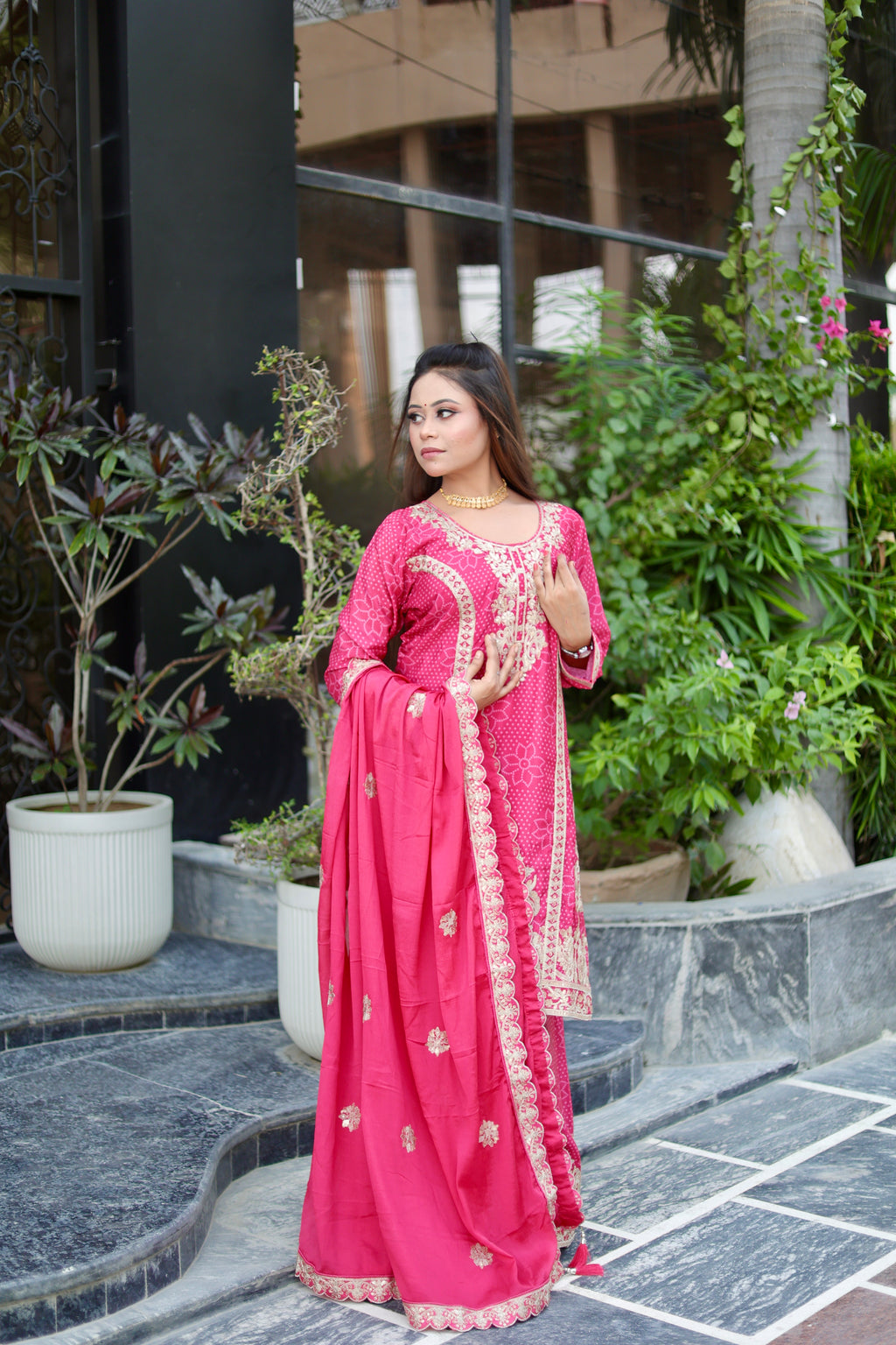 Fuchsia Pink Embroidered Suit Set with Flared Palazzo