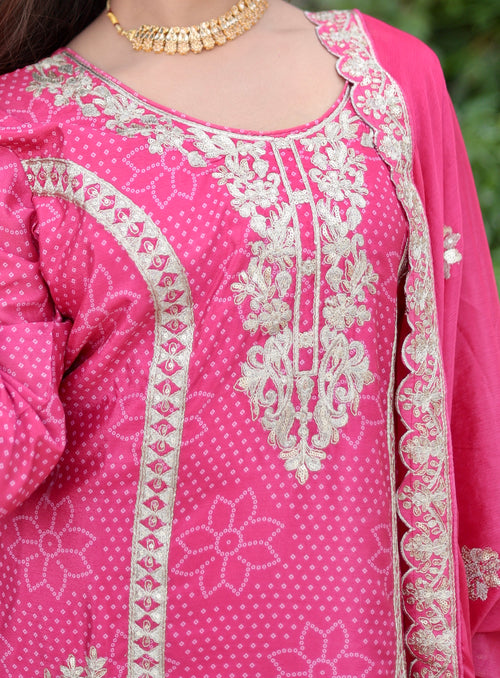 Fuchsia Pink Embroidered Suit Set with Flared Palazzo