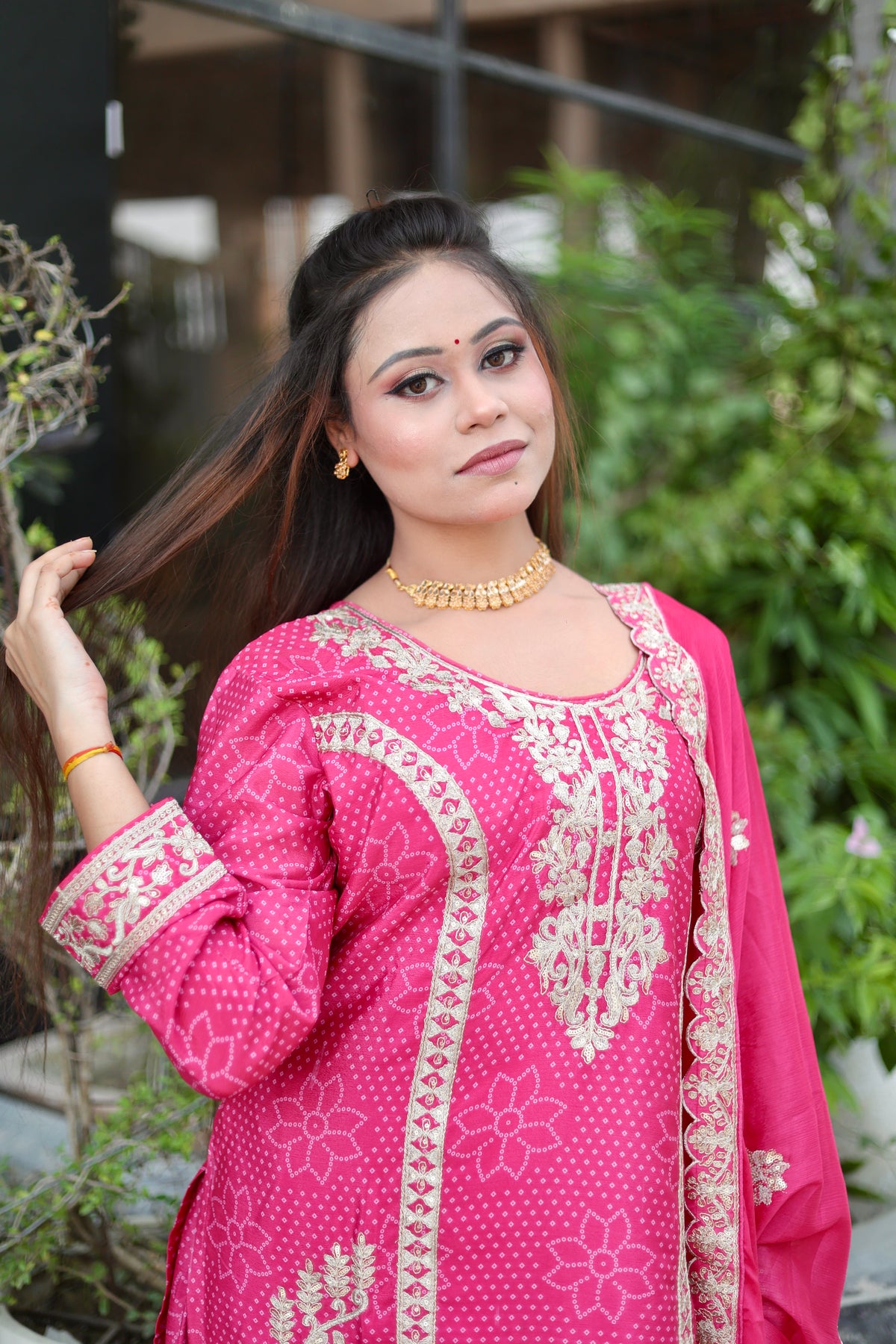 Fuchsia Pink Embroidered Suit Set with Flared Palazzo