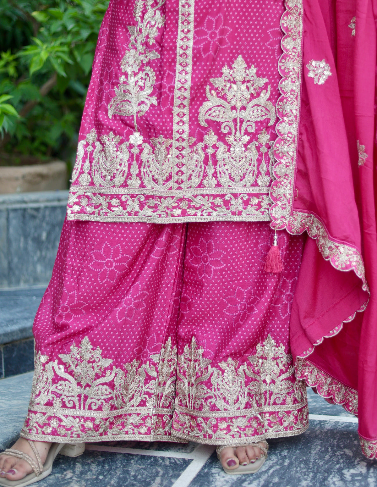 Fuchsia Pink Embroidered Suit Set with Flared Palazzo