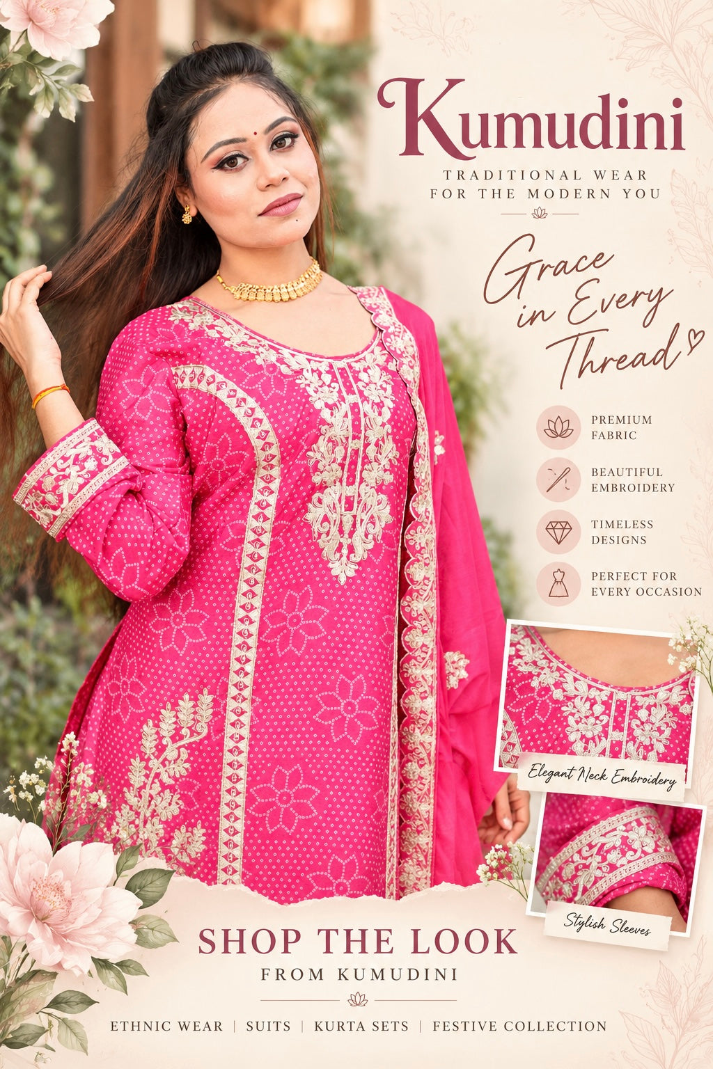 Fuchsia Pink Embroidered Suit Set with Flared Palazzo