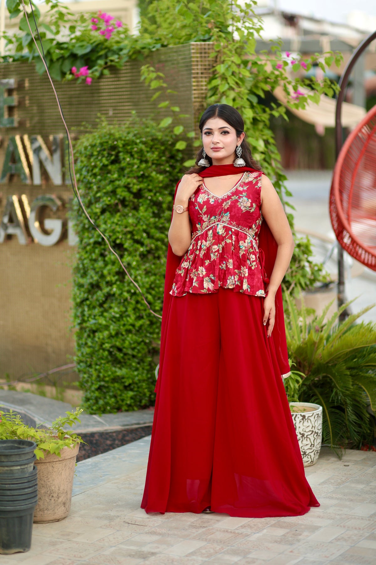 Red/Yellow Floral Flared Ethnic Set
