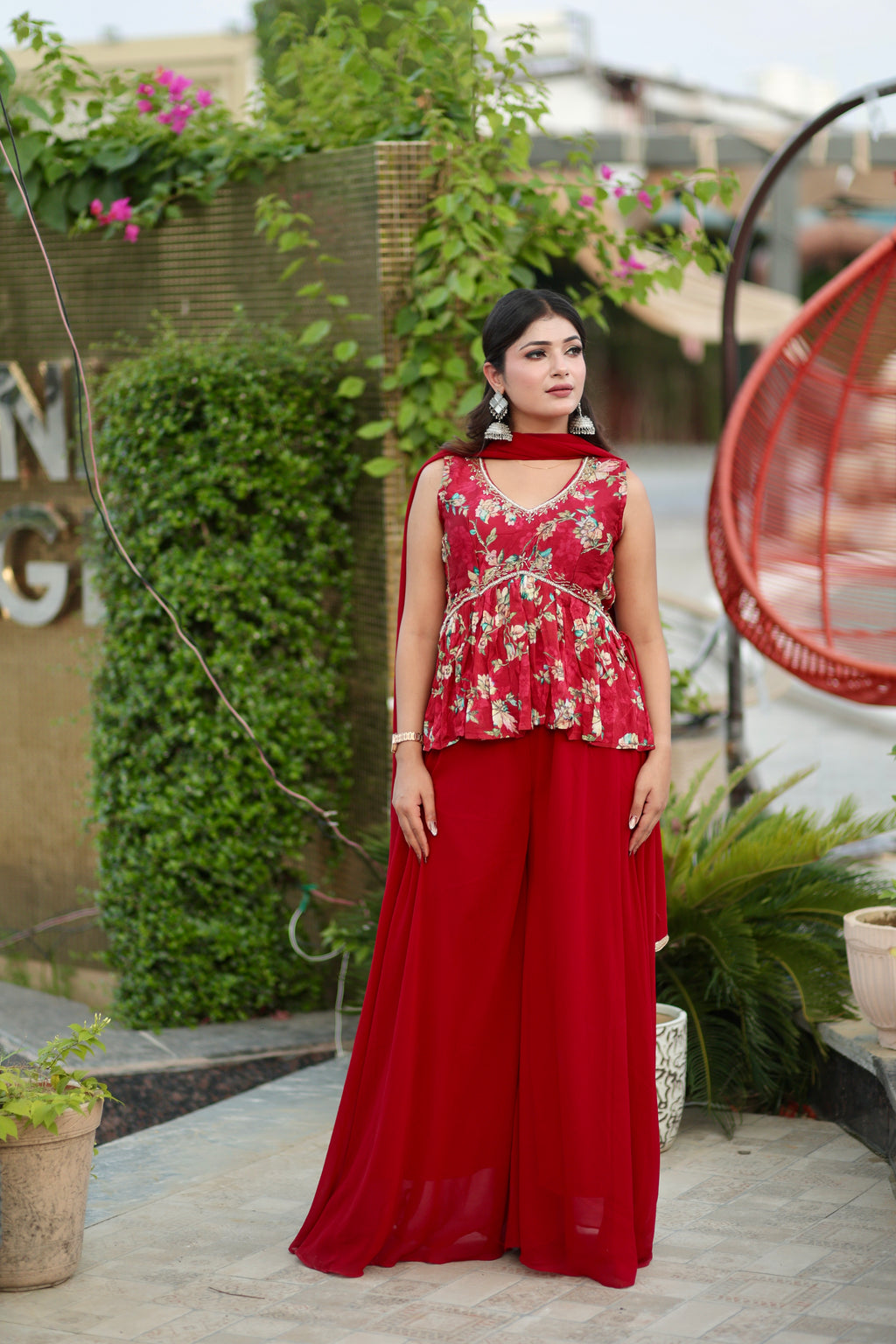 Red/Yellow Floral Flared Ethnic Set