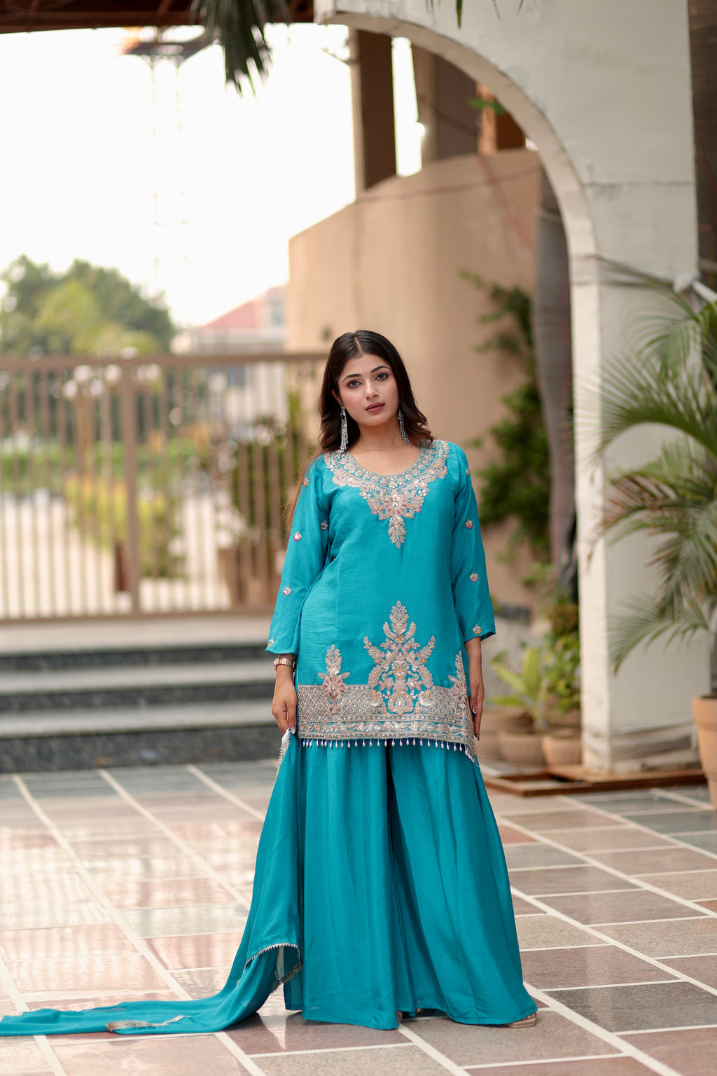 Turquoise Blue Embroidered Sharara Suit