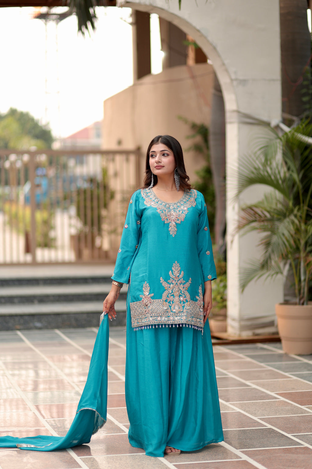 Turquoise Blue Embroidered Sharara Suit
